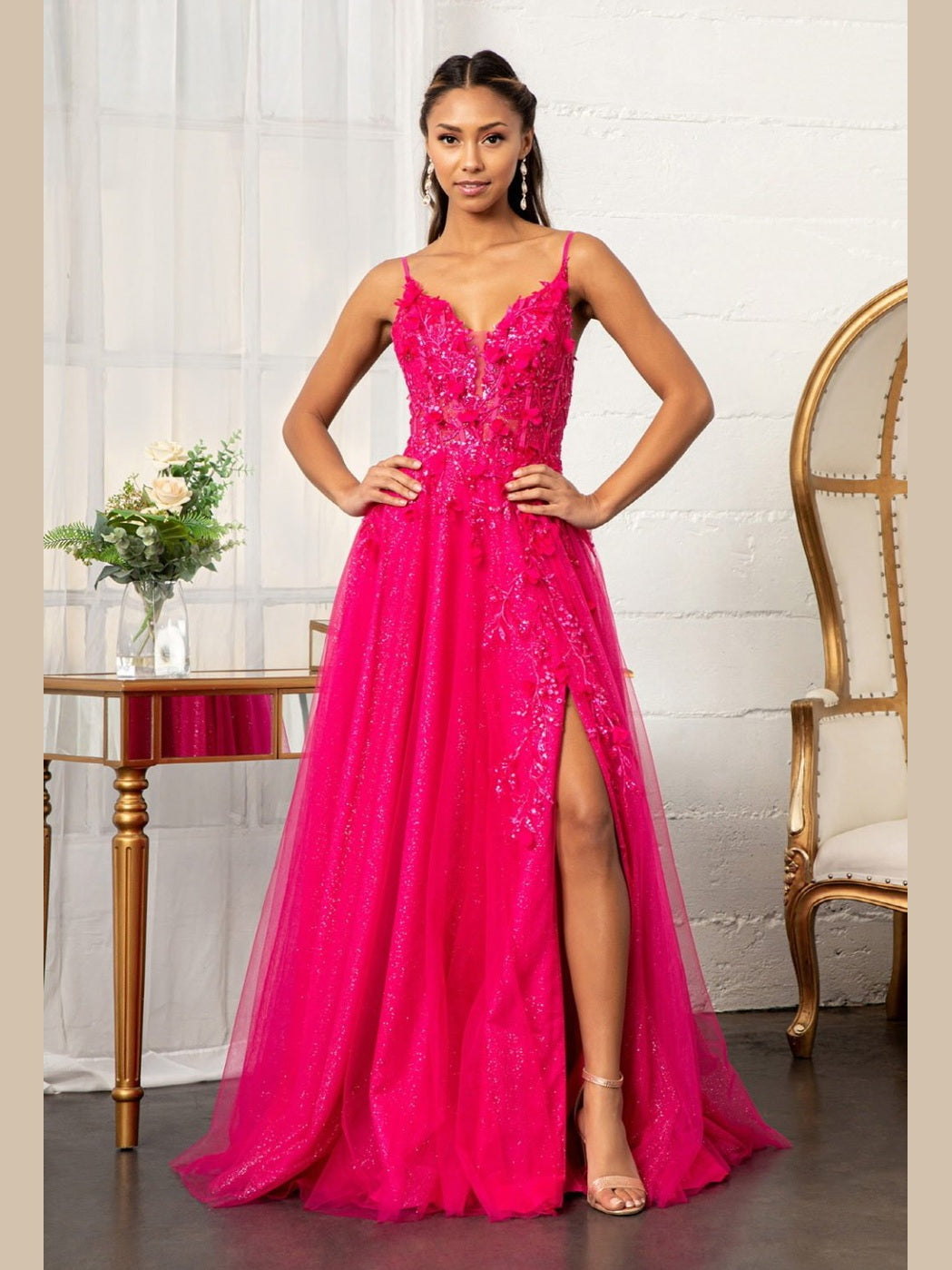 3-D Flower Applique Glitter Mesh A-line Dress w/ Embroidery and Sequin - Courbe et Compagnie