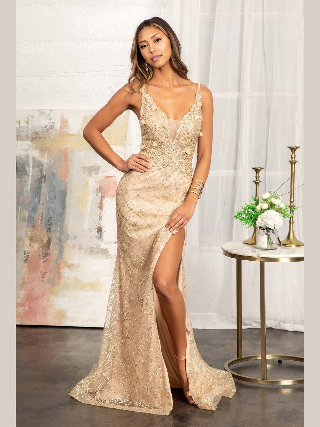 3-D Flower Glitter Embellished Mermaid Gown with Sheer Sides - Courbe et Compagnie