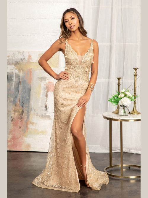 3-D Flower Glitter Embellished Mermaid Gown with Sheer Sides - Courbe et Compagnie