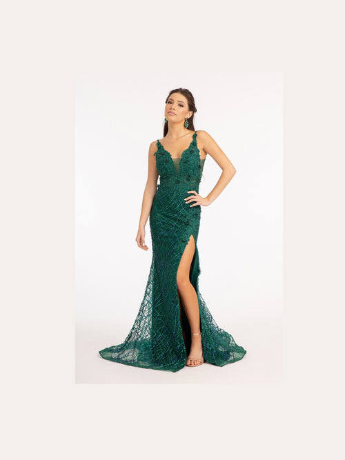 3-D Flower Glitter Embellished Mermaid Gown with Sheer Sides - Courbe et Compagnie