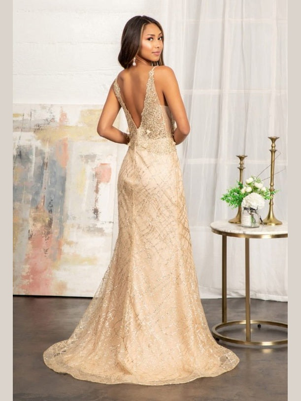 3-D Flower Glitter Embellished Mermaid Gown with Sheer Sides - Courbe et Compagnie