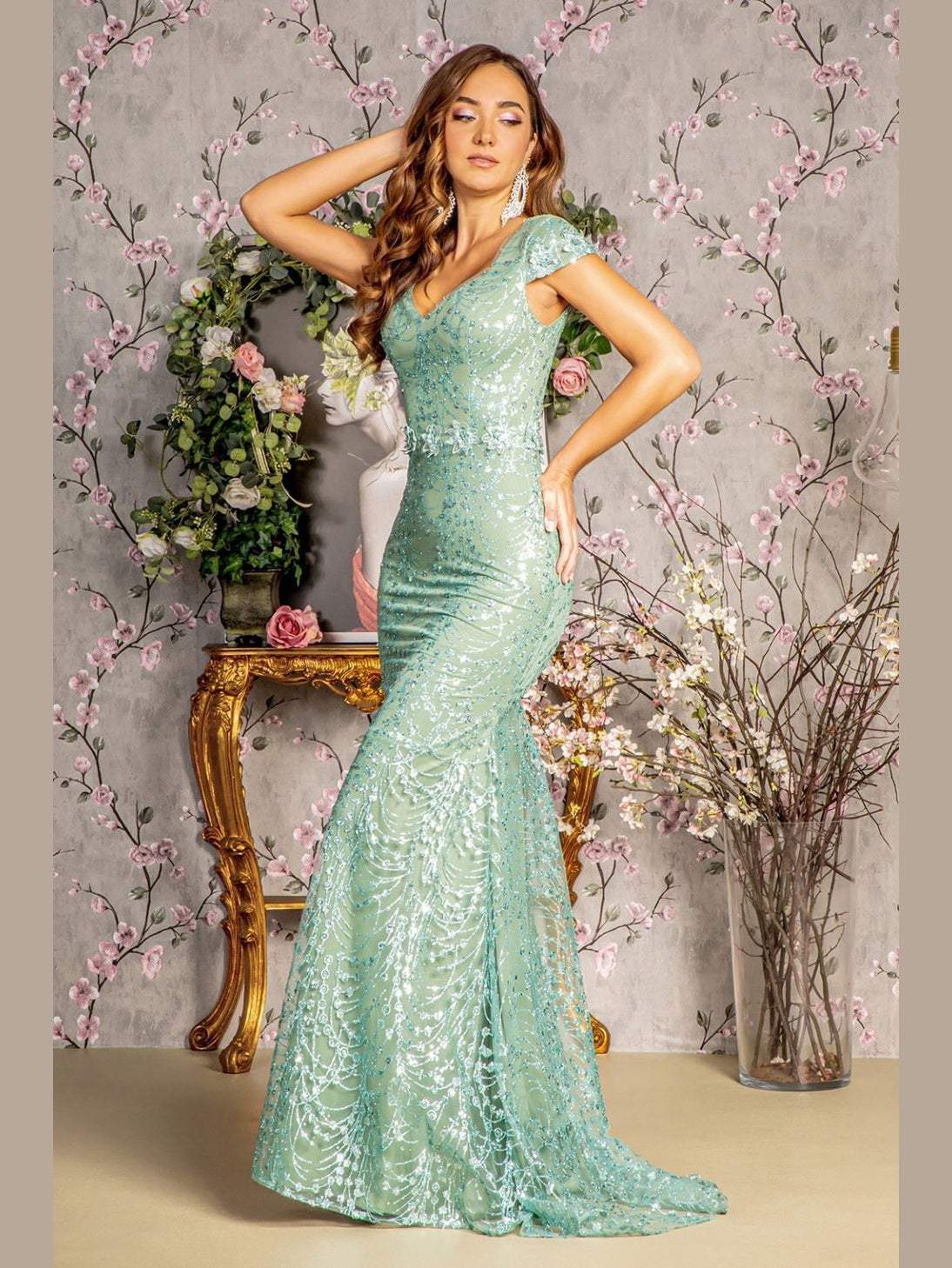 3-D Flower Glitter Sheer Neckline Mesh Mermaid Long Dress - Courbe et Compagnie