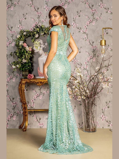 3-D Flower Glitter Sheer Neckline Mesh Mermaid Long Dress - Courbe et Compagnie