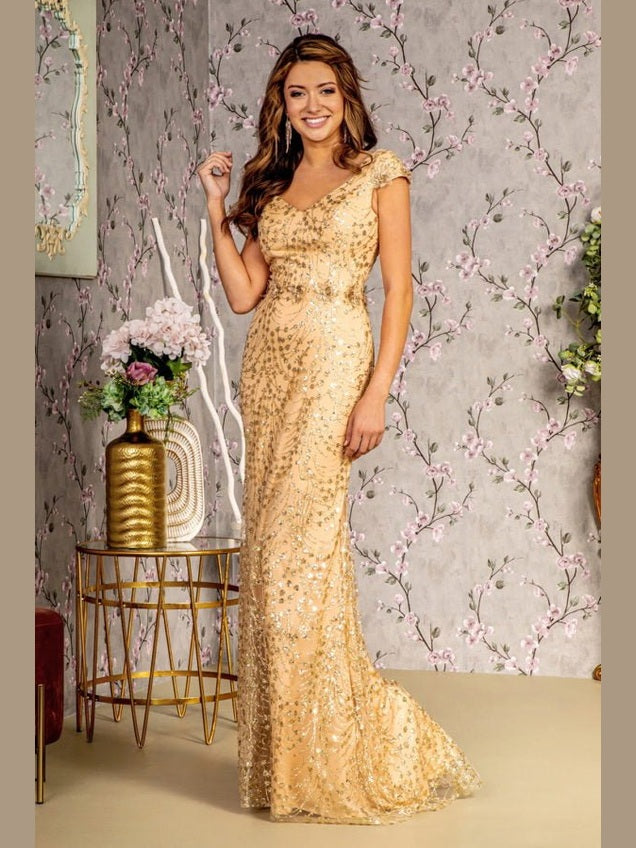 3-D Flower Glitter Sheer Neckline Mesh Mermaid Long Dress - Courbe et Compagnie