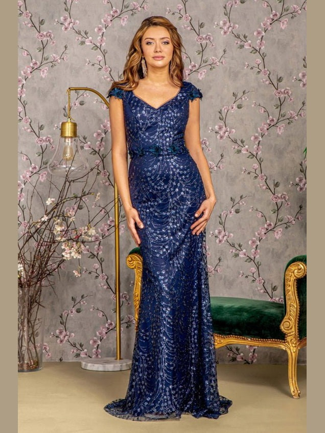 3-D Flower Glitter Sheer Neckline Mesh Mermaid Long Dress - Courbe et Compagnie