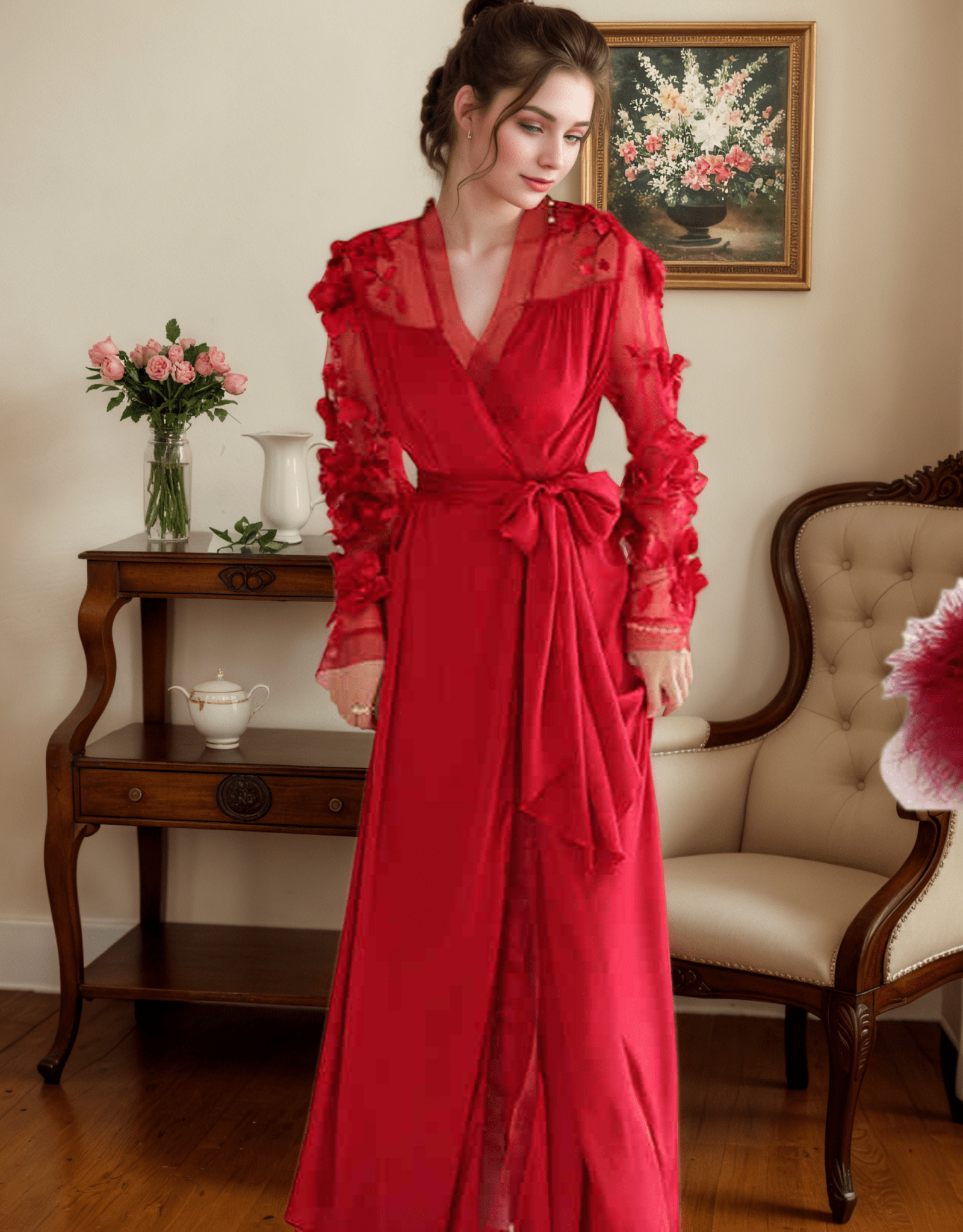 3D Floral Appliqué Sheer Sleeve Satin Robe – Wine Red or Ivory White - Courbe et Compagnie