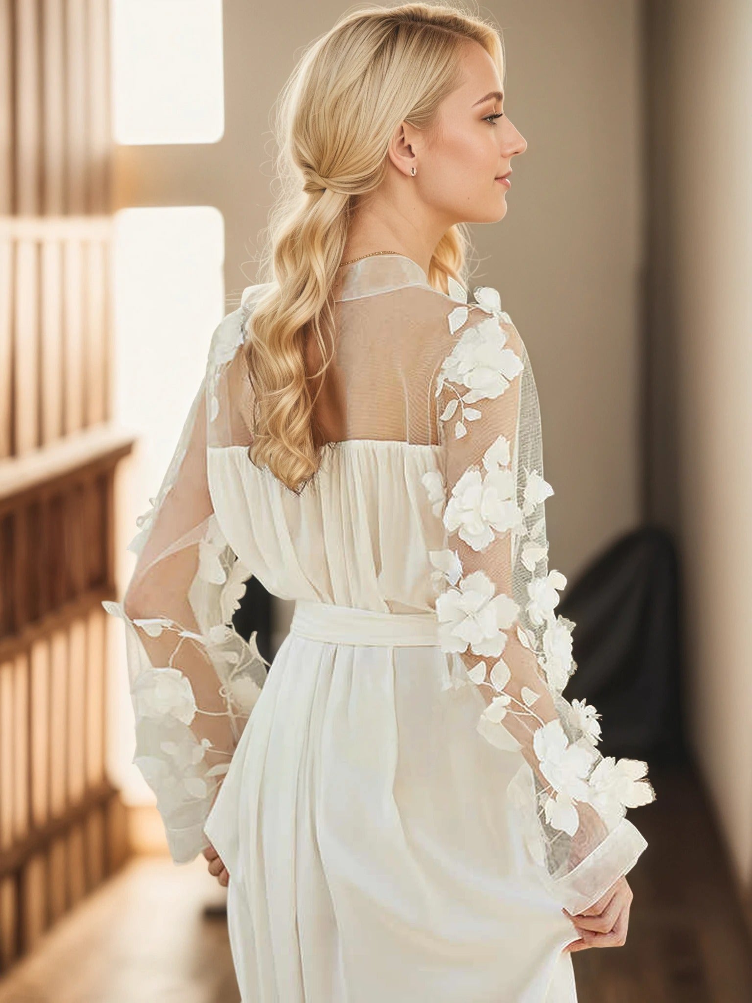3D Floral Appliqué Sheer Sleeve Satin Robe – Wine Red or Ivory White - Courbe et Compagnie
