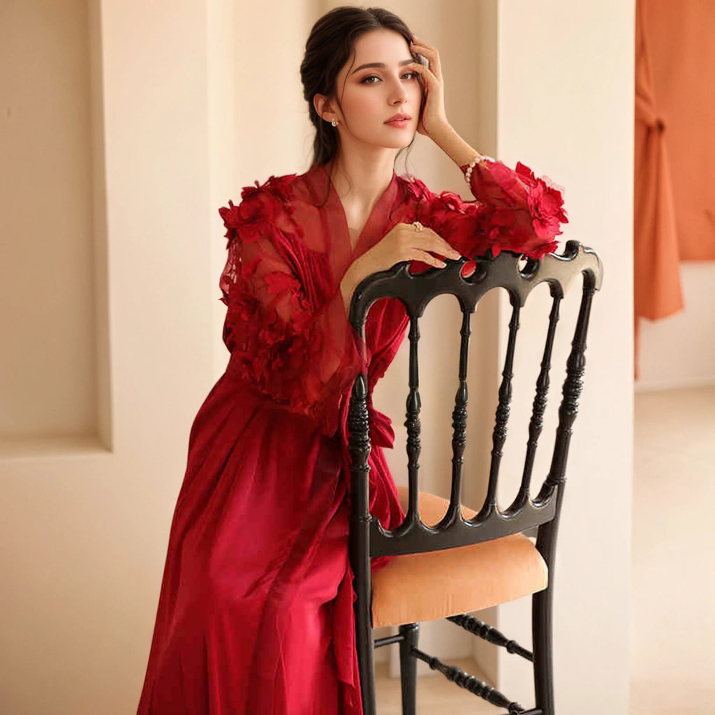 3D Floral Appliqué Sheer Sleeve Satin Robe – Wine Red or Ivory White - Courbe et Compagnie