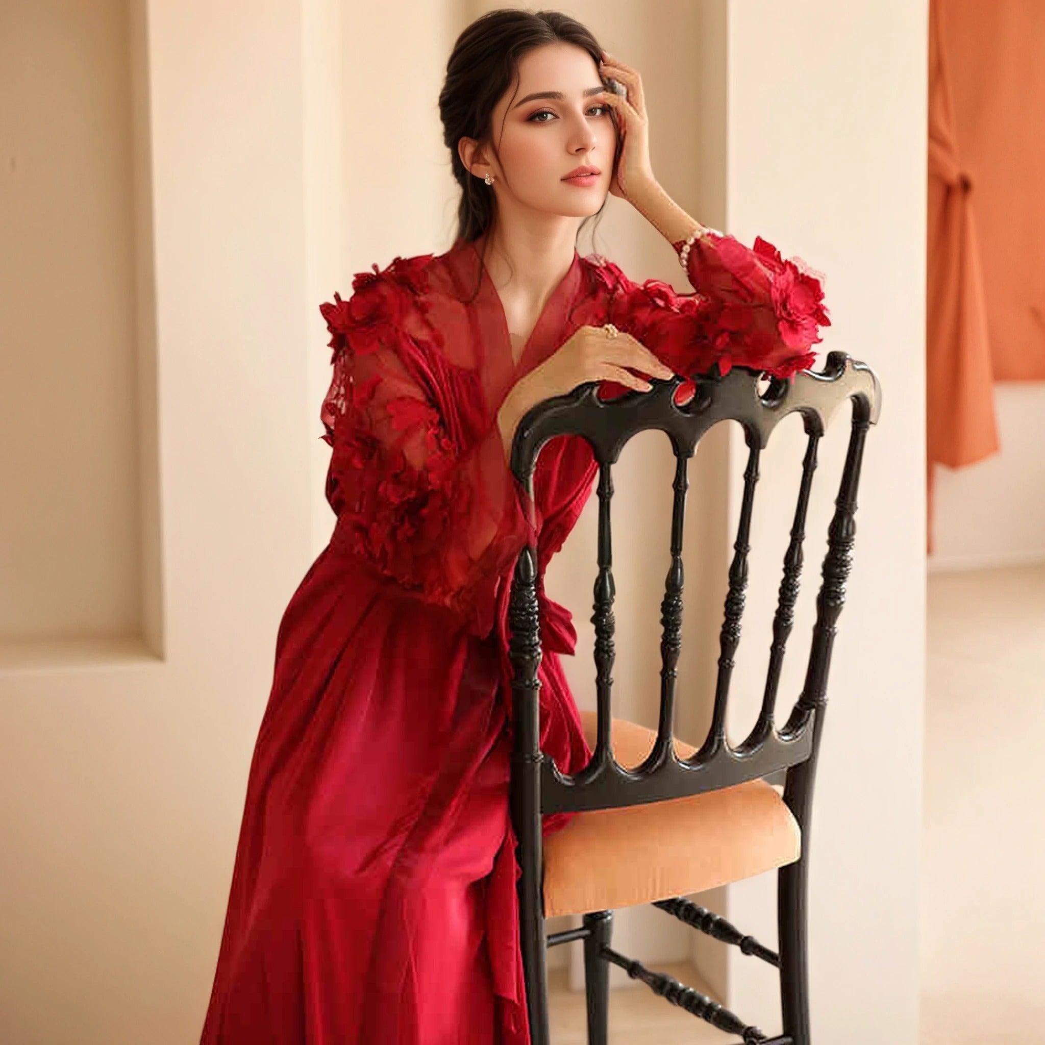 3D Floral Appliqué Sheer Sleeve Satin Robe – Wine Red or Ivory White - Courbe et Compagnie