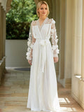 3D Floral Appliqué Sheer Sleeve Satin Robe – Wine Red or Ivory White - Courbe et Compagnie