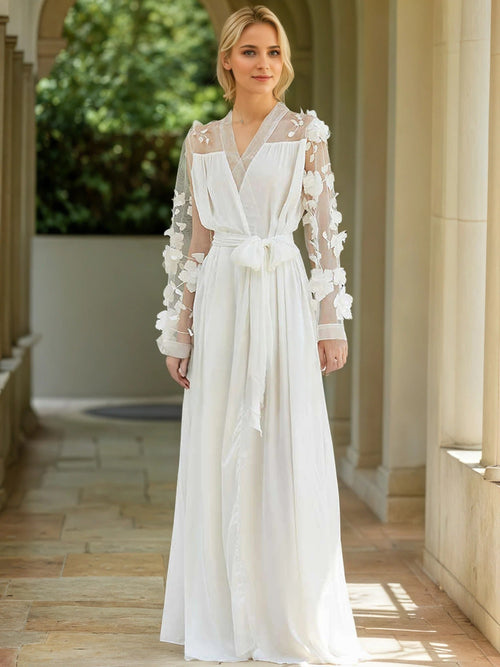 3D Floral Appliqué Sheer Sleeve Satin Robe – Wine Red or Ivory White - Courbe et Compagnie