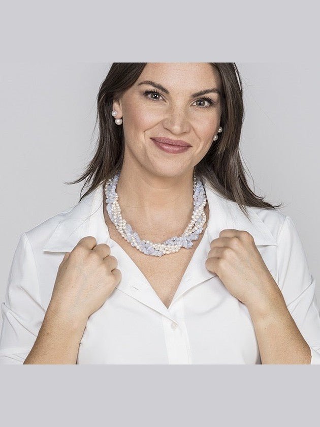 5 Strand Blue Agate and Freshwater Pearl Necklace - Courbe et Compagnie