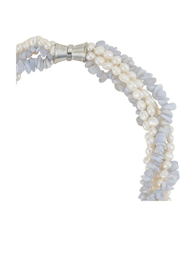 5 Strand Blue Agate and Freshwater Pearl Necklace - Courbe et Compagnie