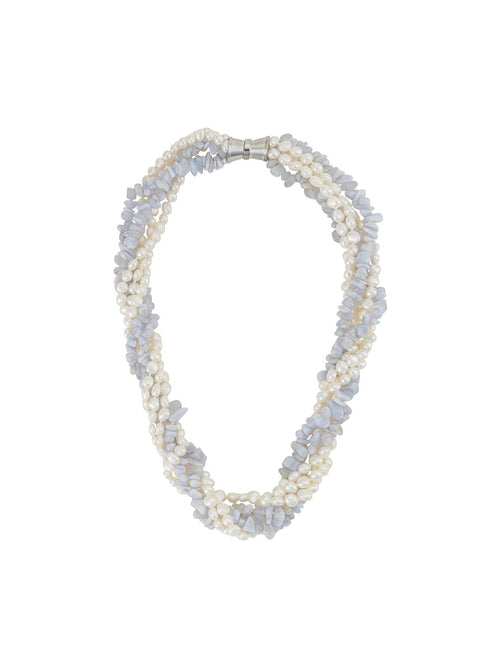 5 Strand Blue Agate and Freshwater Pearl Necklace - Courbe et Compagnie