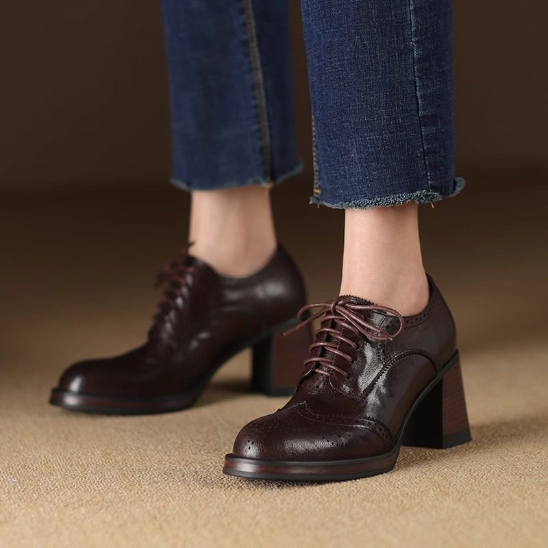 Women's British-Style Round-Toe Chunky Heel Pumps | Cross-Tie Strap Dress Shoes