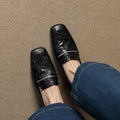 Women's Square-Toe Chunky Heel Sheepskin Leather Pumps - Mid Heel Slip-On Dress Shoes