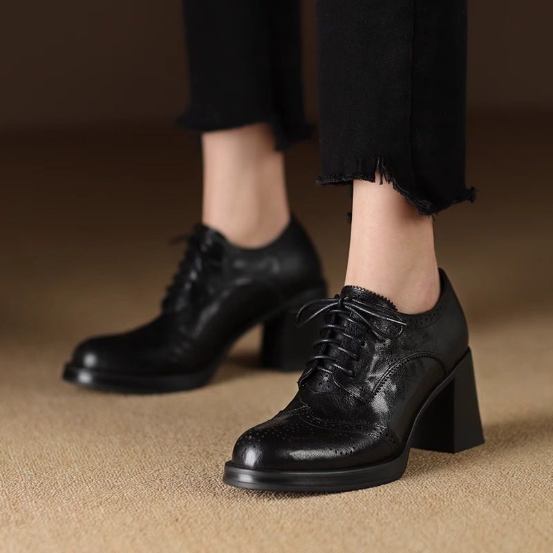 Women's British-Style Round-Toe Chunky Heel Pumps | Cross-Tie Strap Dress Shoes