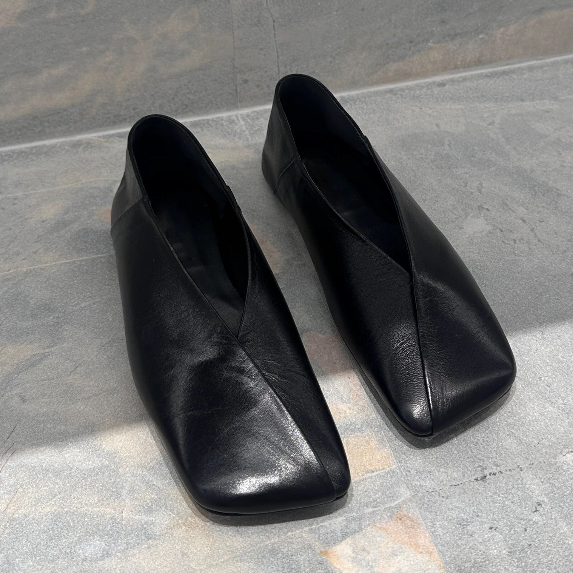 Women's French-Style Genuine Leather Square-Toe Flat Shoes - Elegant Slip-On Dress Flats