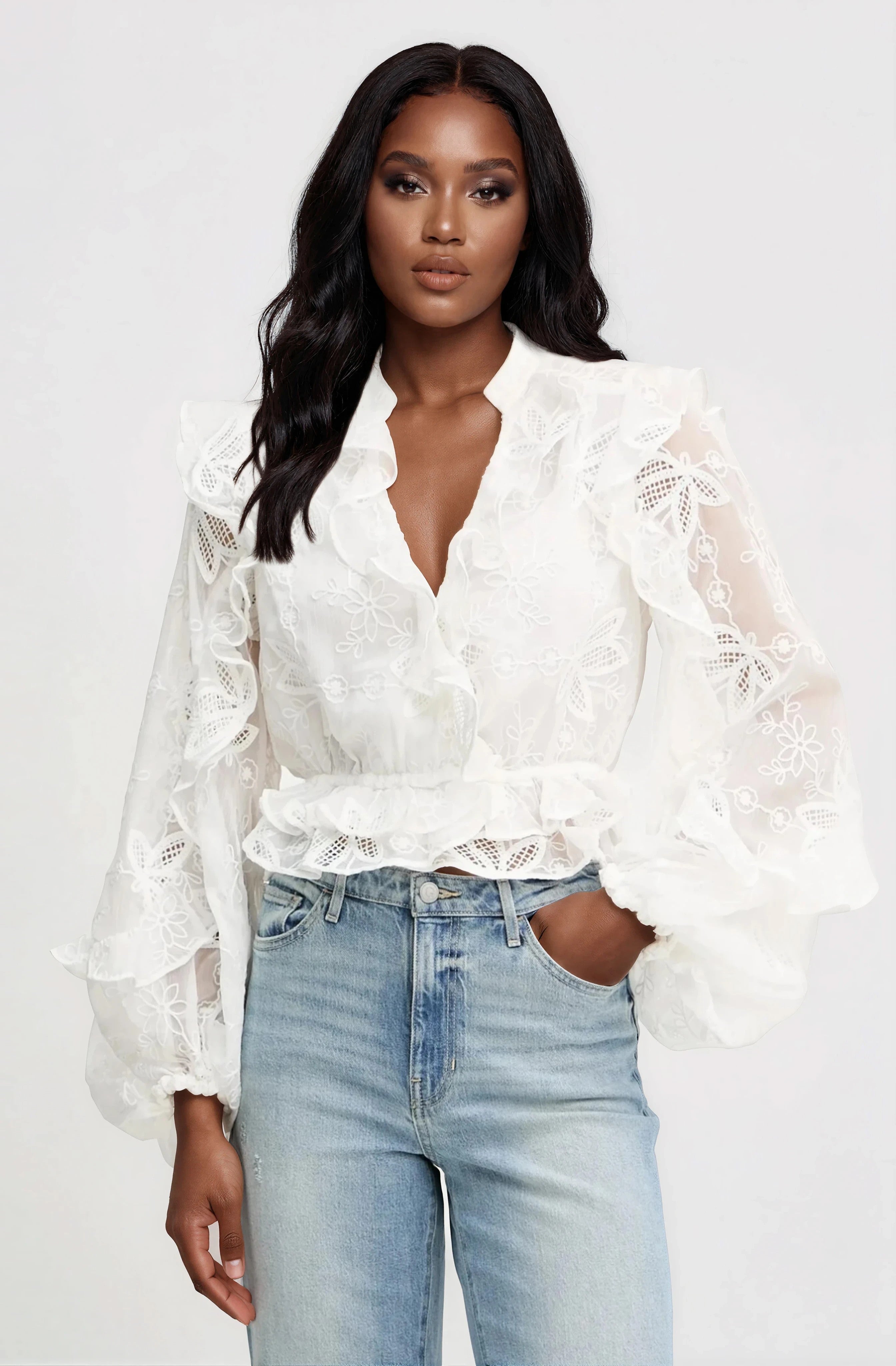 Frill Embroidered Blouse – Orchid White (Final Sale)