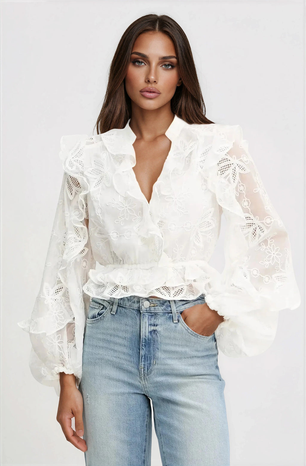 Frill Embroidered Blouse – Orchid White (Final Sale)