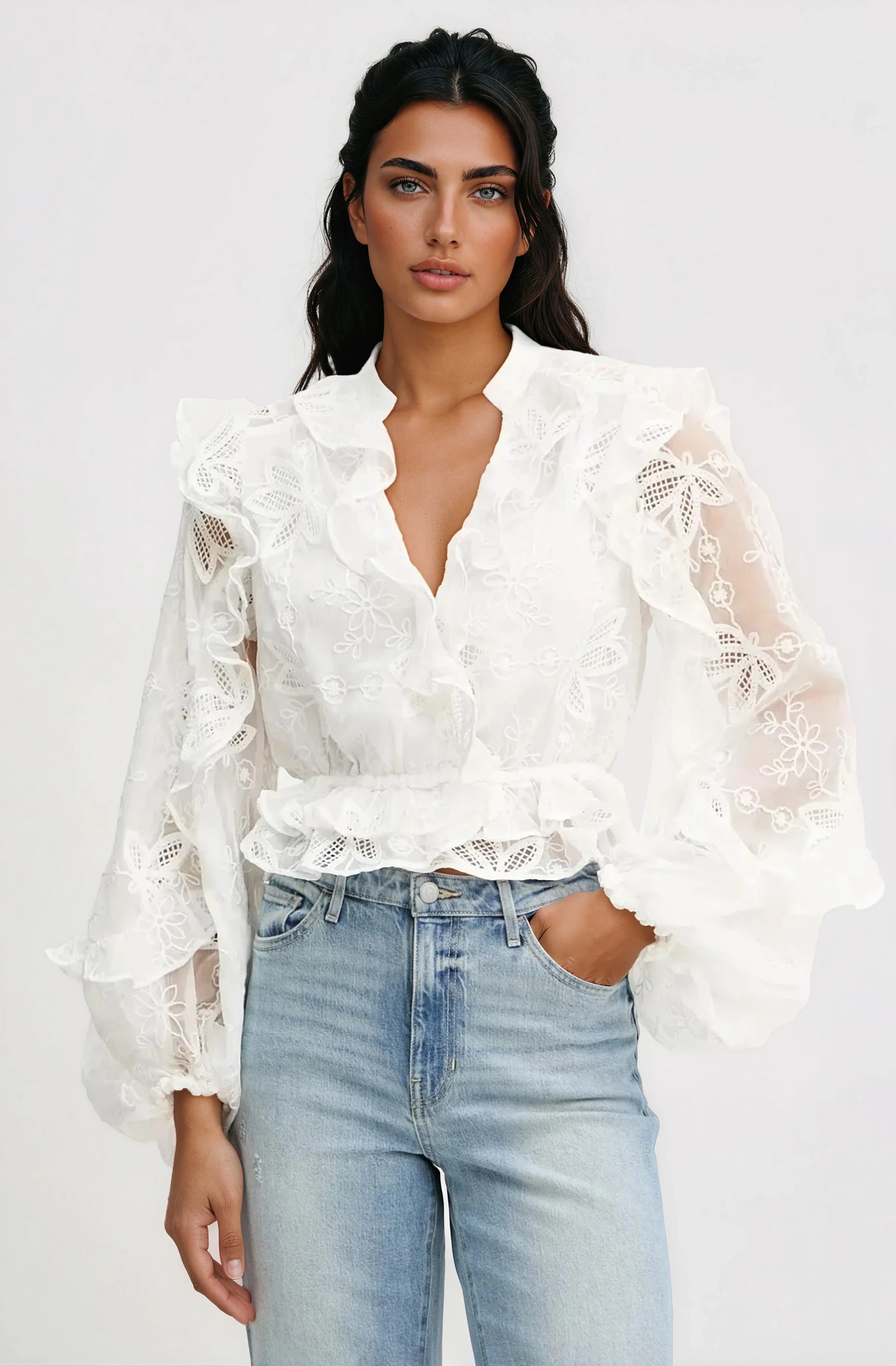 Frill Embroidered Blouse – Orchid White (Final Sale)