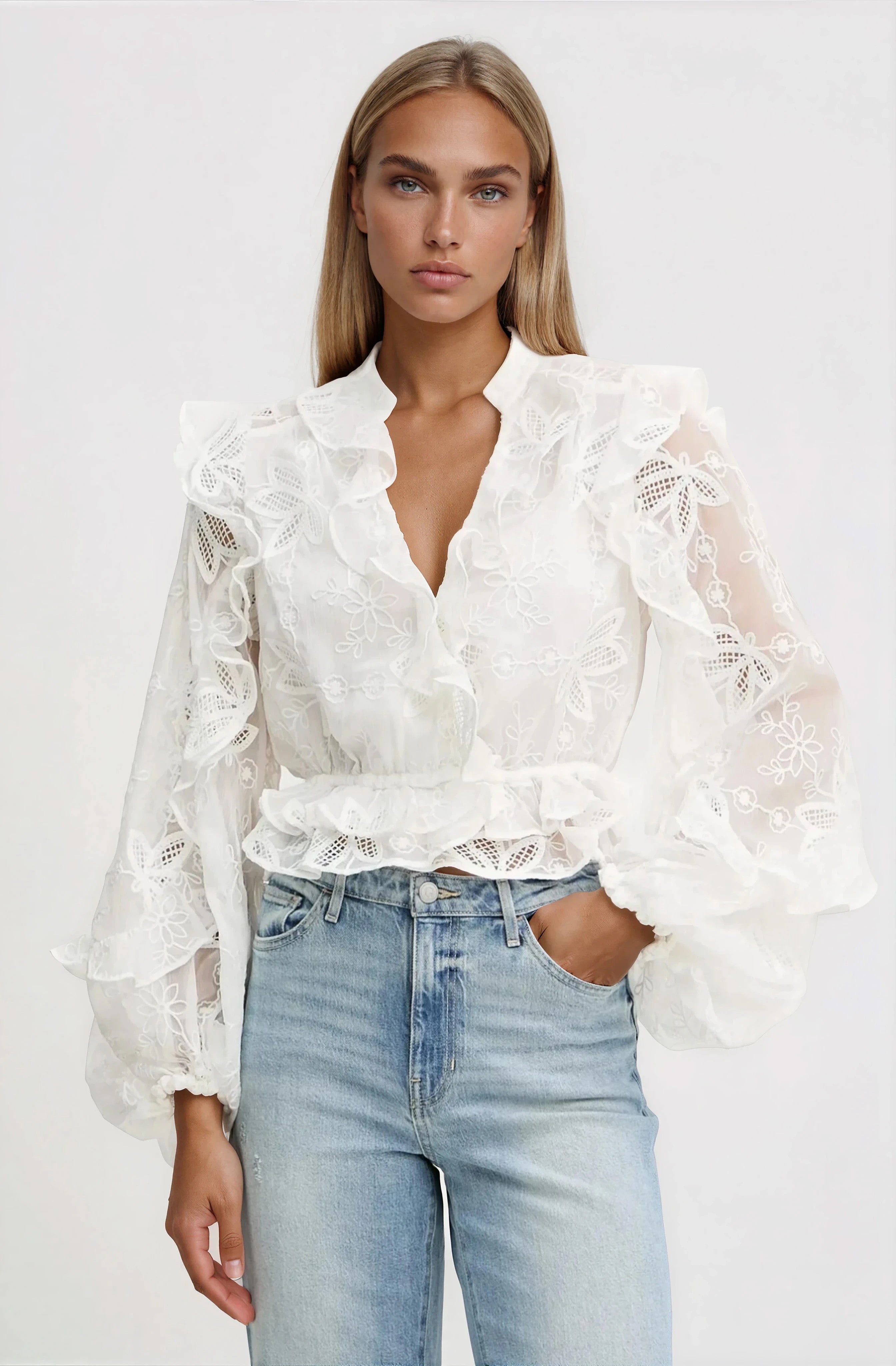 Frill Embroidered Blouse – Orchid White (Final Sale)