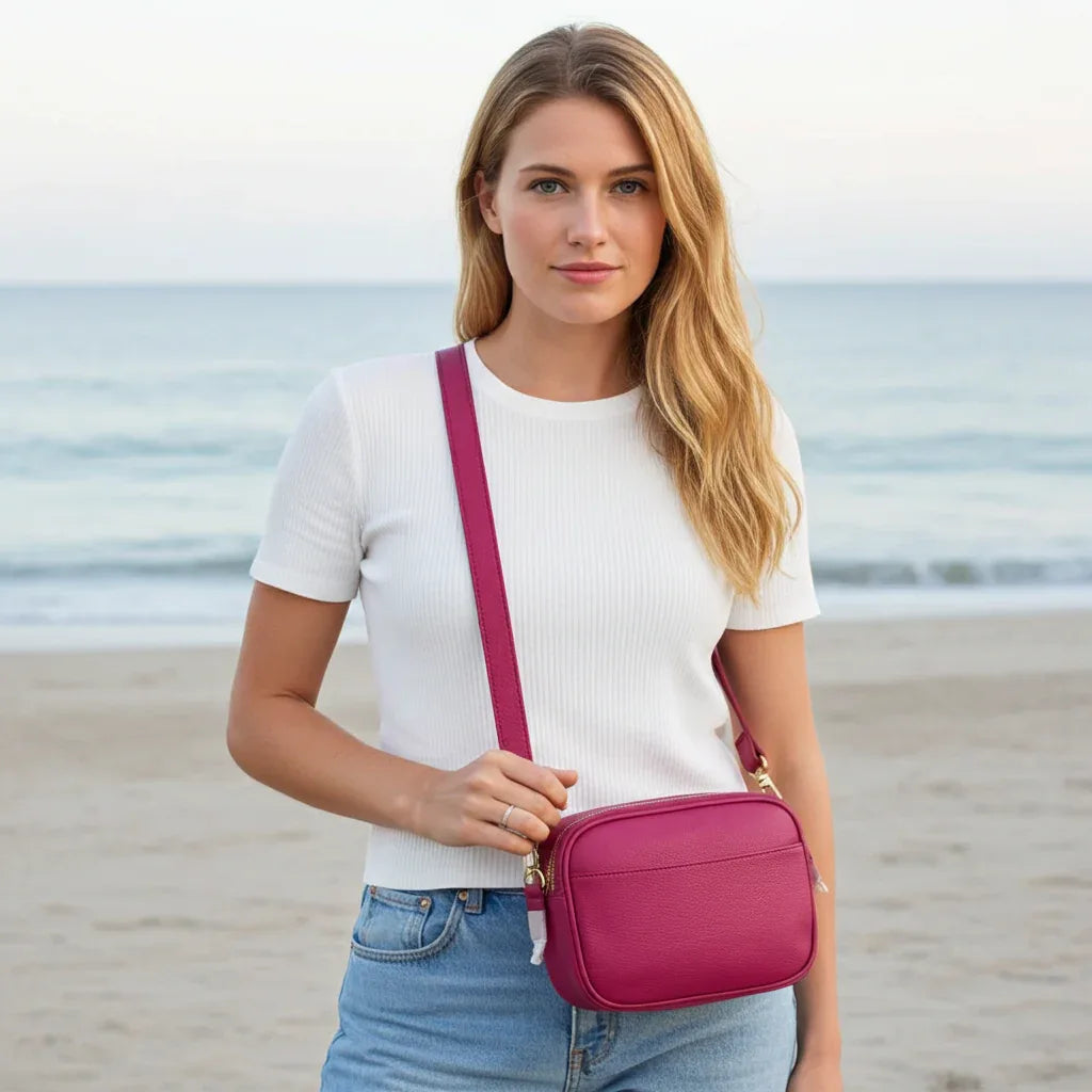Sophia Full-Grain Leather Crossbody Bag – Double-Zip Travel & Everyday Purse