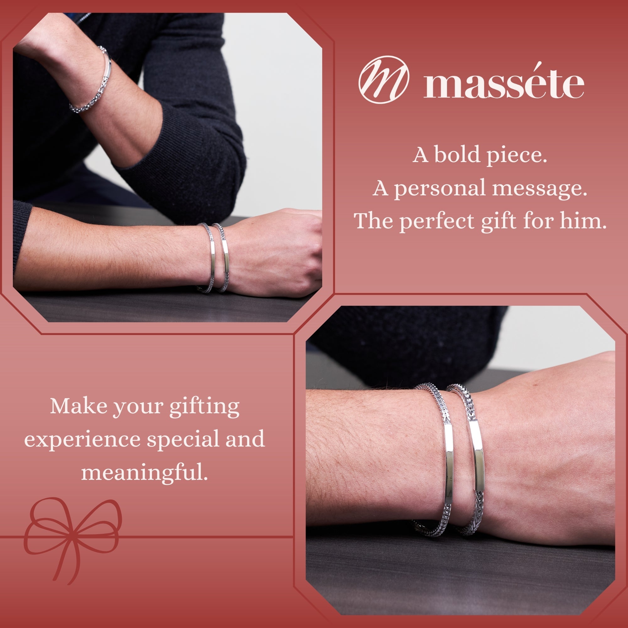 Sterling Silver 925 Men's ID Bracelet - Square Foxtail Chain with Square Engravable Plate