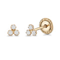 14k Yellow Gold Tiny Trefoil Triangle Stud Earrings with 3 Circles, Covered Screwback Closure for Girls and Women