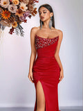Solid Color Tube Top Sequined Rhinestone Evening Dress Slit Slim Fitting Ladies Cocktail Elegant Dress