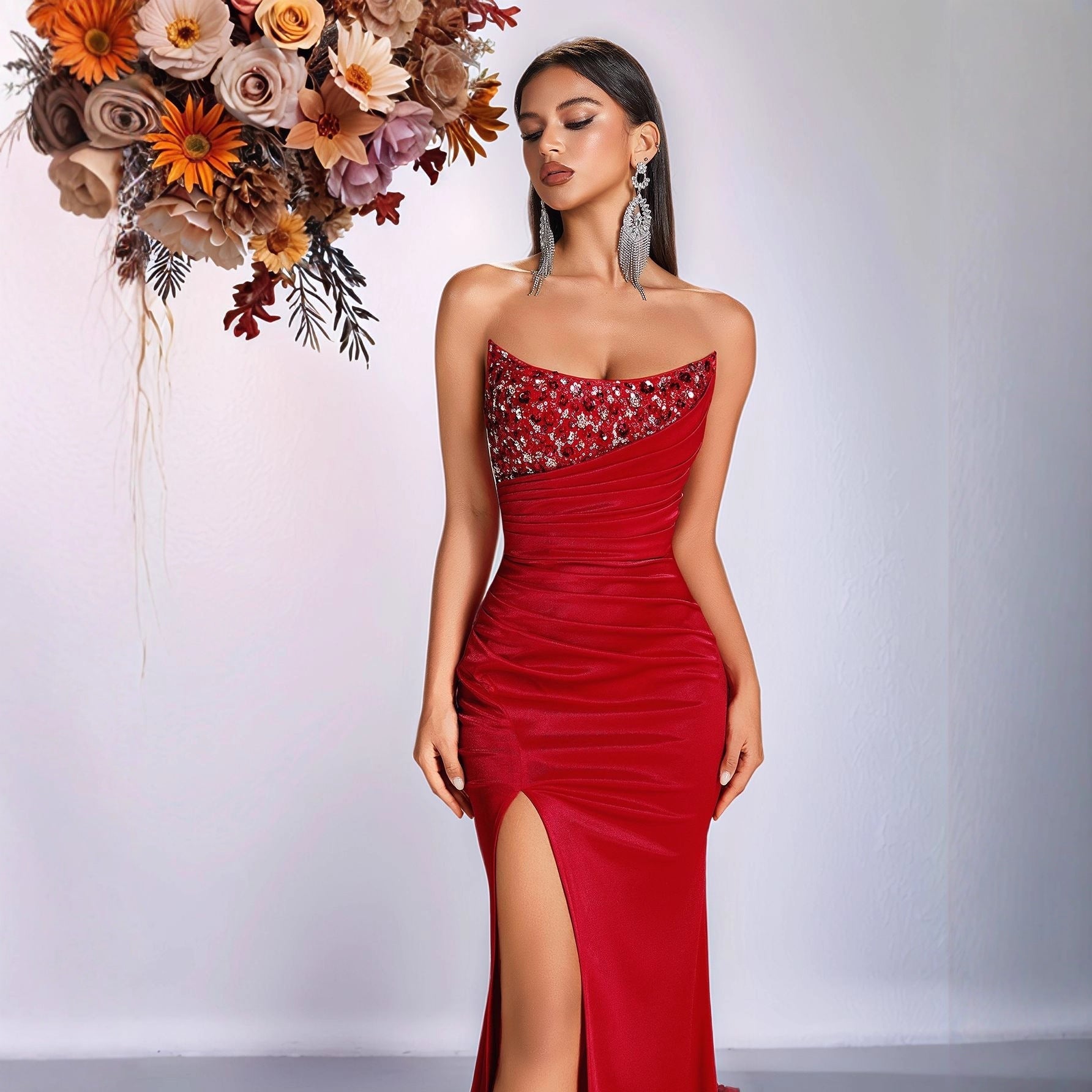 Solid Color Tube Top Sequined Rhinestone Evening Dress Slit Slim Fitting Ladies Cocktail Elegant Dress