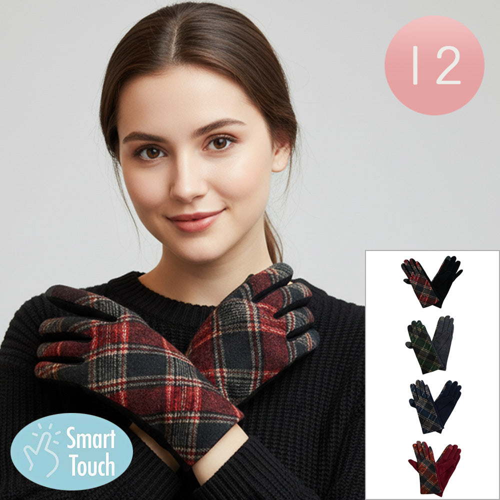 12Pairs - Plaid Pattern Smart Touch Winter Gloves