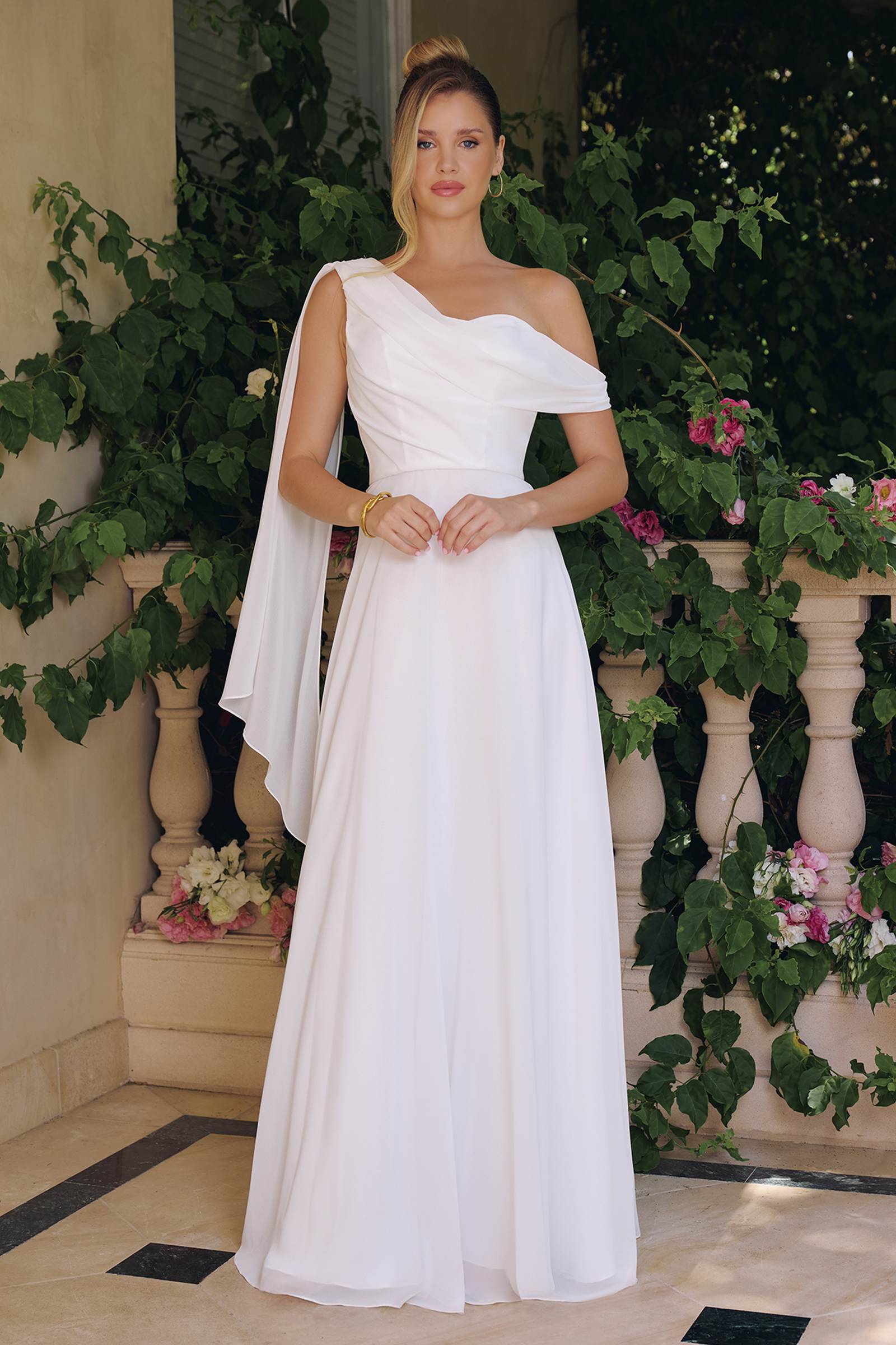Amoris T716W One Shoulder Chiffon A-Line Off White Evening Dress
