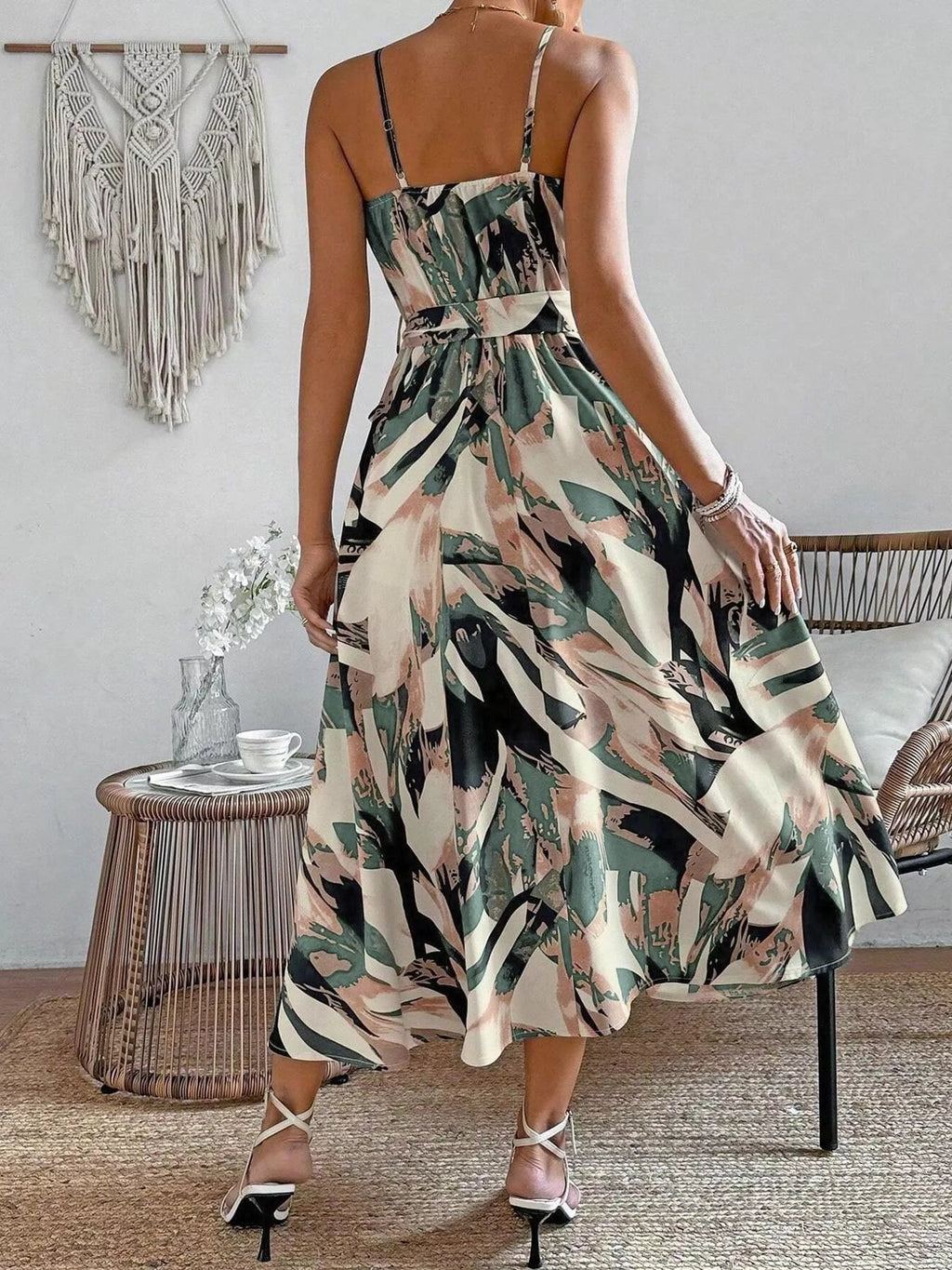 Abstract Print Tie Waist Cami Dress Polyester Spandex - Courbe et Compagnie
