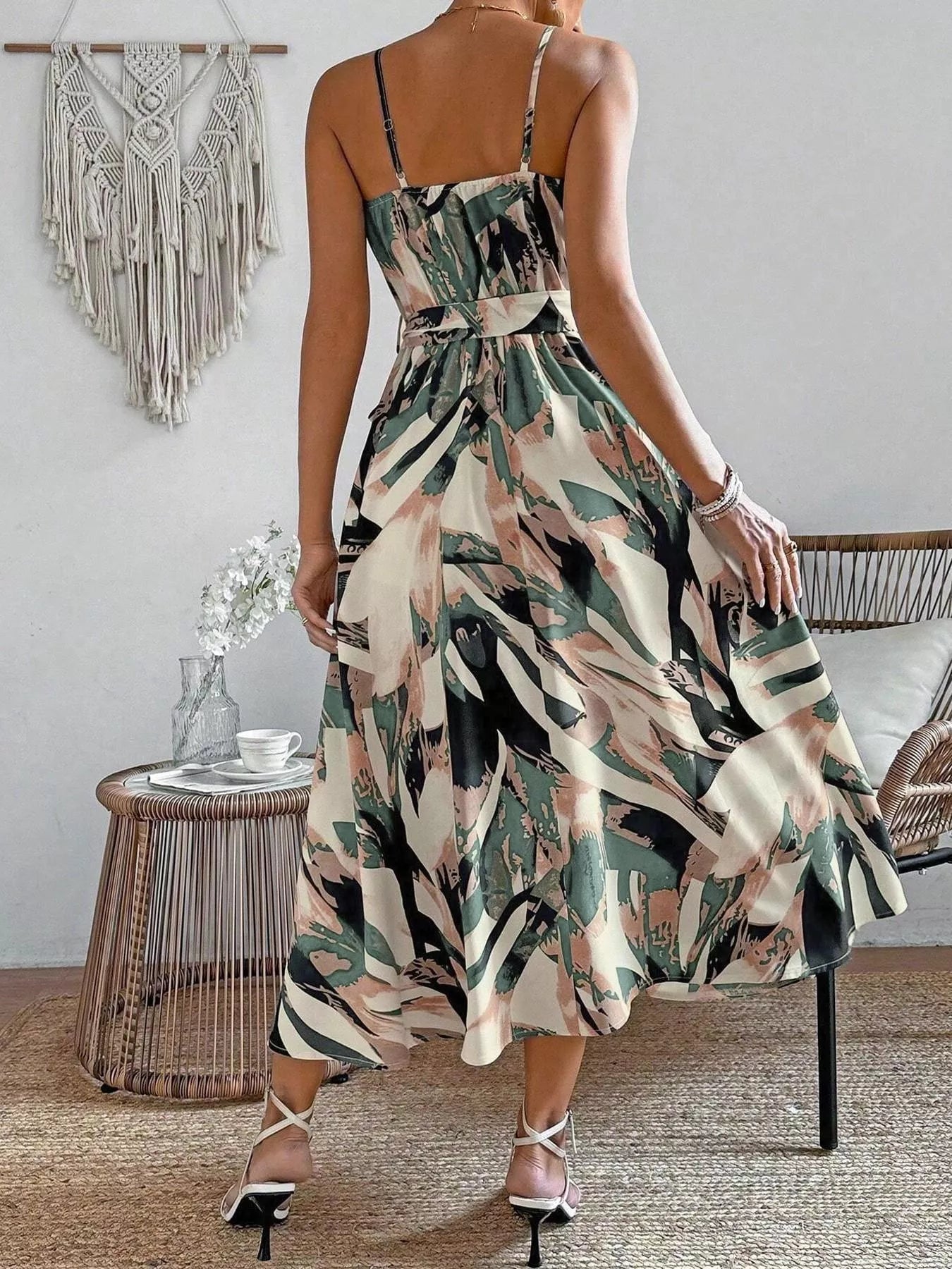 Abstract Print Tie Waist Cami Dress Polyester Spandex - Courbe et Compagnie