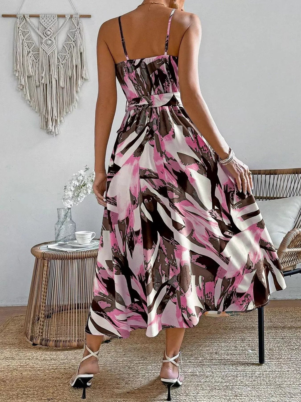 Abstract Print Tie Waist Cami Dress Polyester Spandex - Courbe et Compagnie