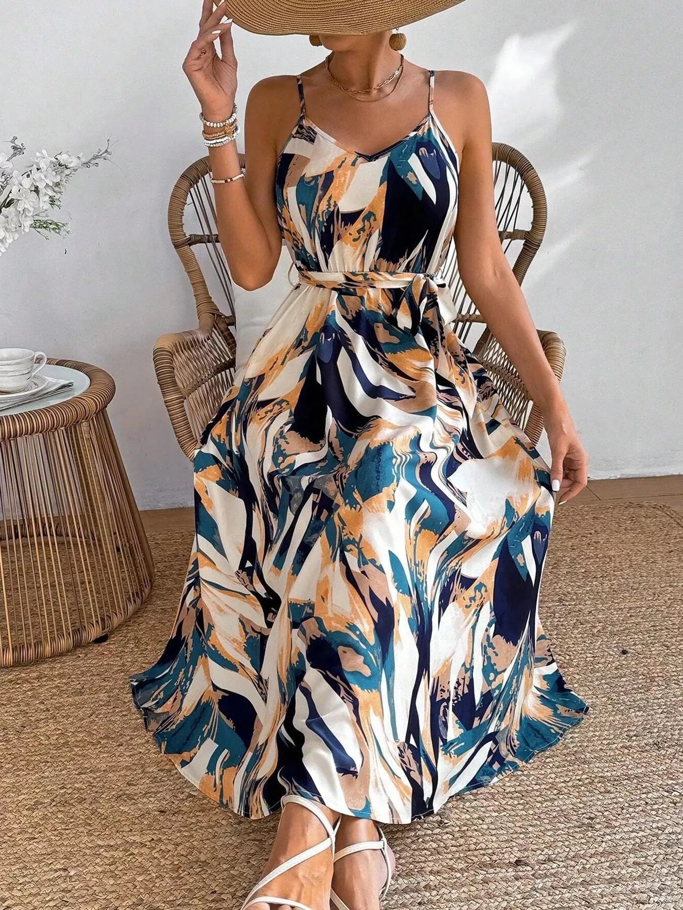 Abstract Print Tie Waist Cami Dress Polyester Spandex - Courbe et Compagnie