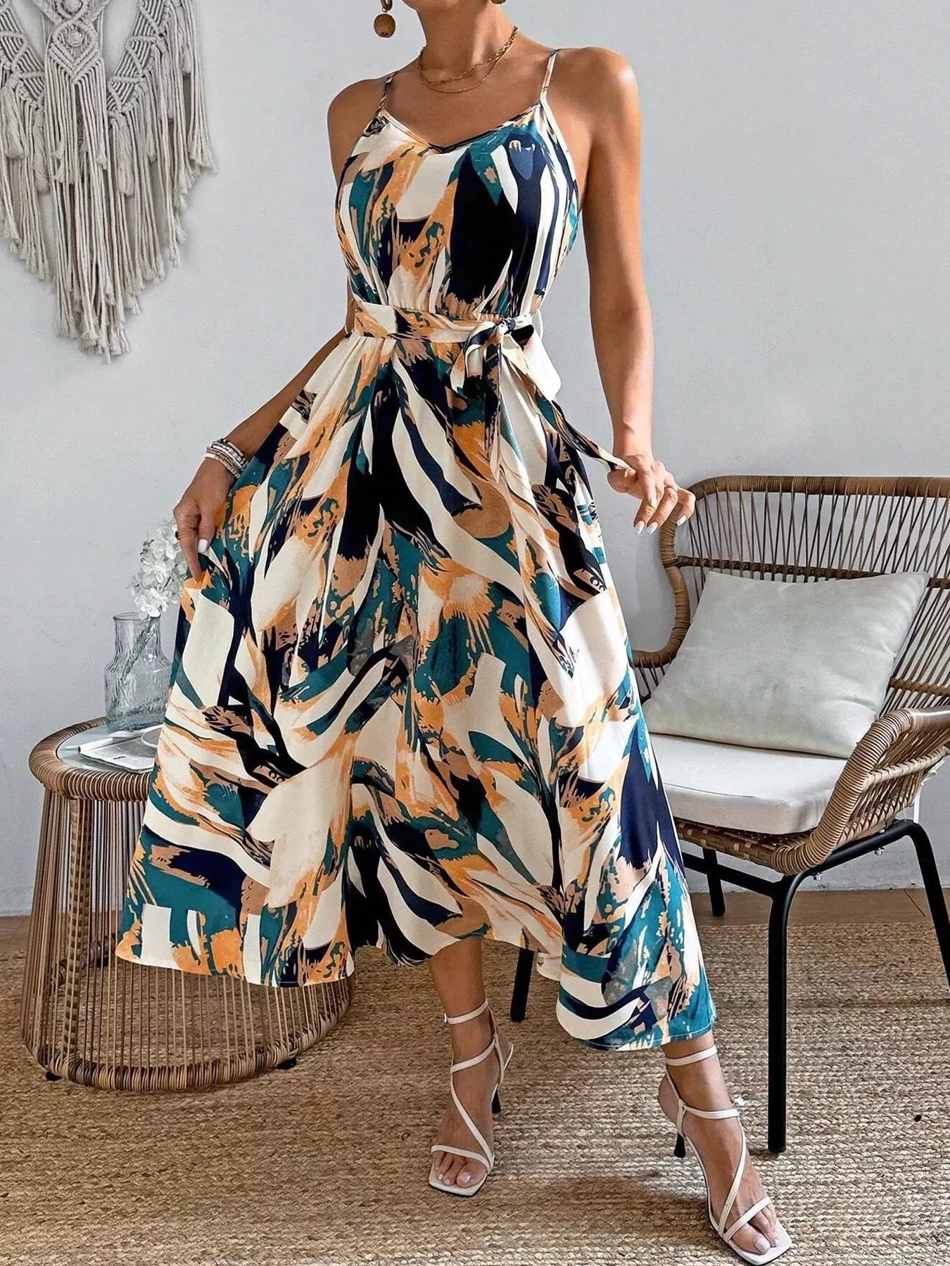 Abstract Print Tie Waist Cami Dress Polyester Spandex - Courbe et Compagnie