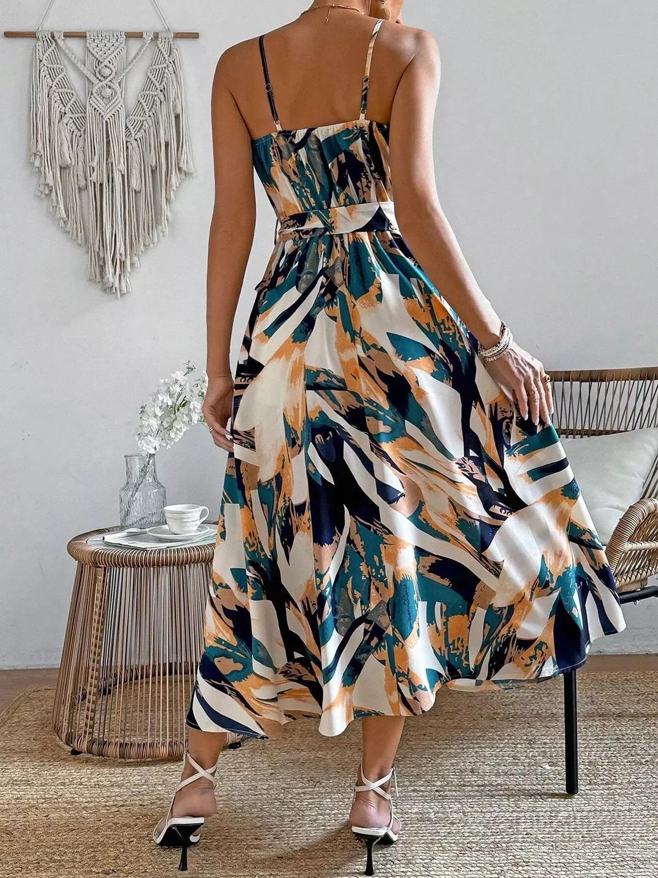 Abstract Print Tie Waist Cami Dress Polyester Spandex - Courbe et Compagnie