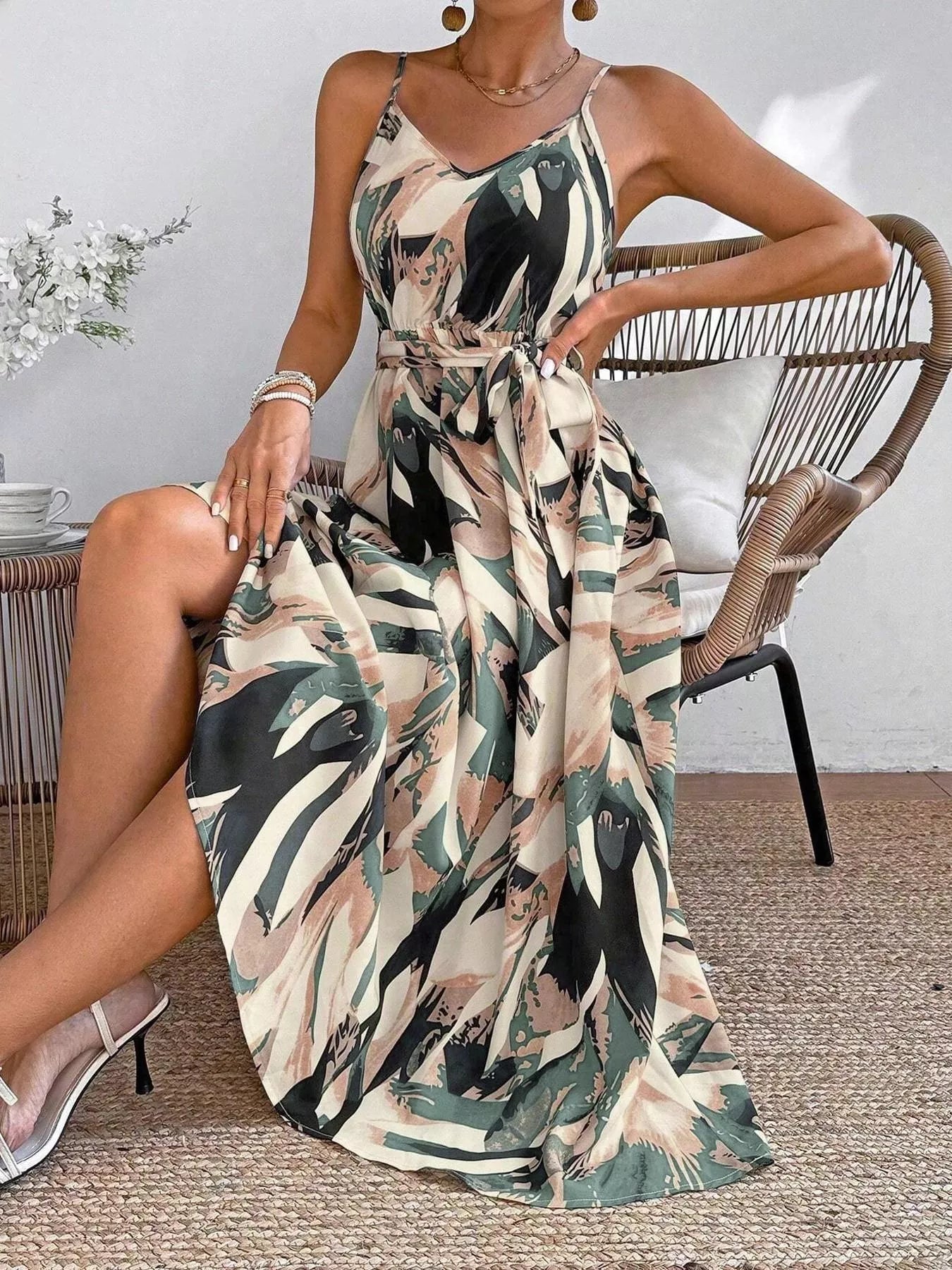Abstract Print Tie Waist Cami Dress Polyester Spandex - Courbe et Compagnie