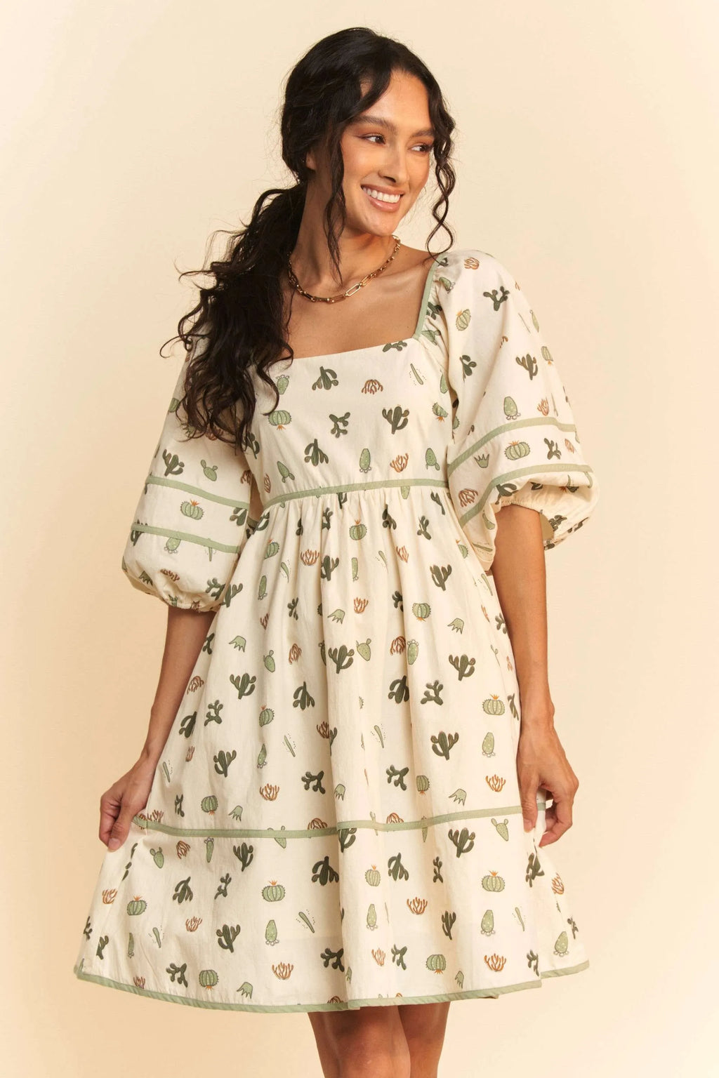 Whimsical Cactus Print Mini Dress with Contrast Piping