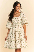 Whimsical Cactus Print Mini Dress with Contrast Piping