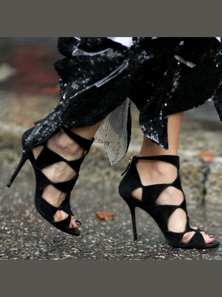 All-match women's shoes spring and summer new fish mouth hollow high heels Rome single shoes black sexy stiletto sandals women - Courbe et Compagnie