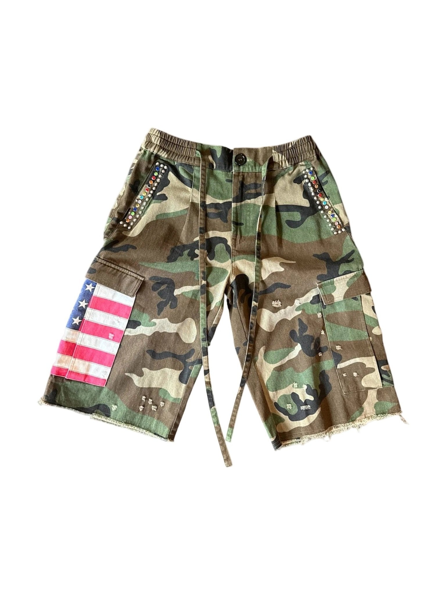 Americana Camo Pleated Rhinestone Shorts - Courbe et Compagnie