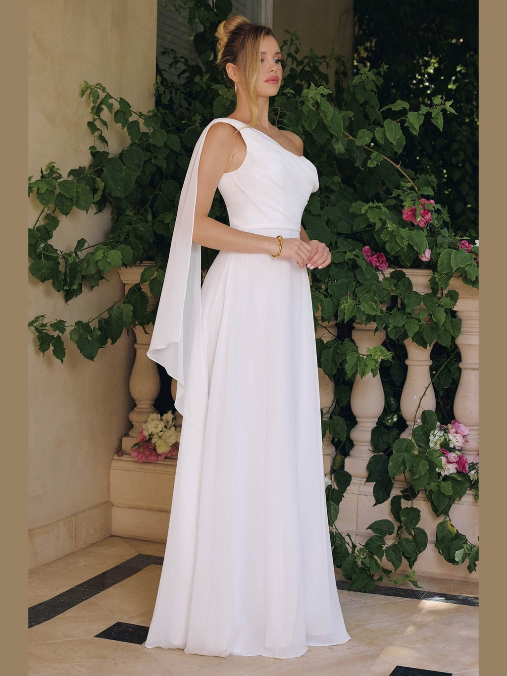 Amoris T716W One Shoulder Chiffon A-Line Off White Evening Dress - Courbe et Compagnie