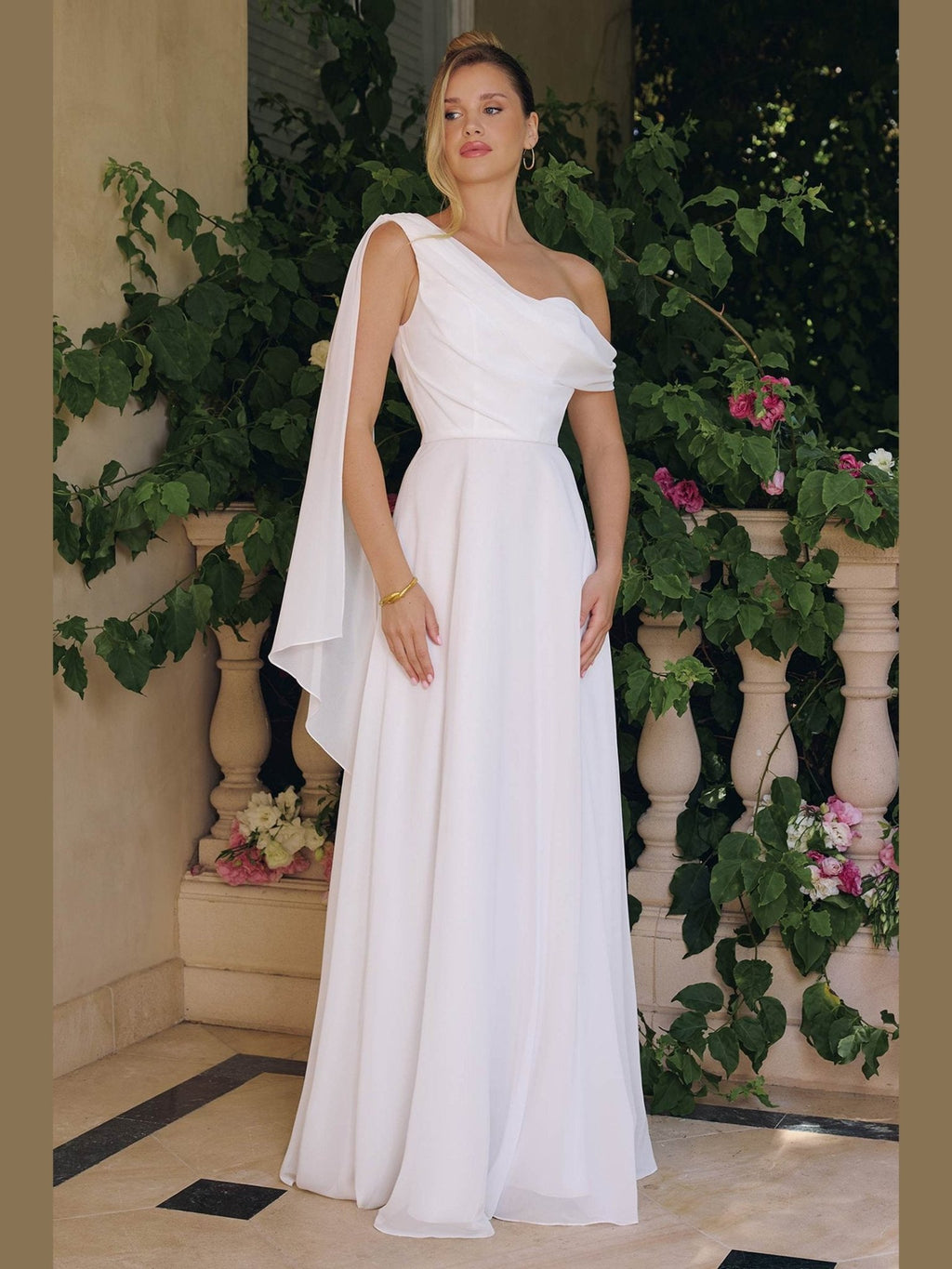 Amoris T716W One Shoulder Chiffon A-Line Off White Evening Dress - Courbe et Compagnie