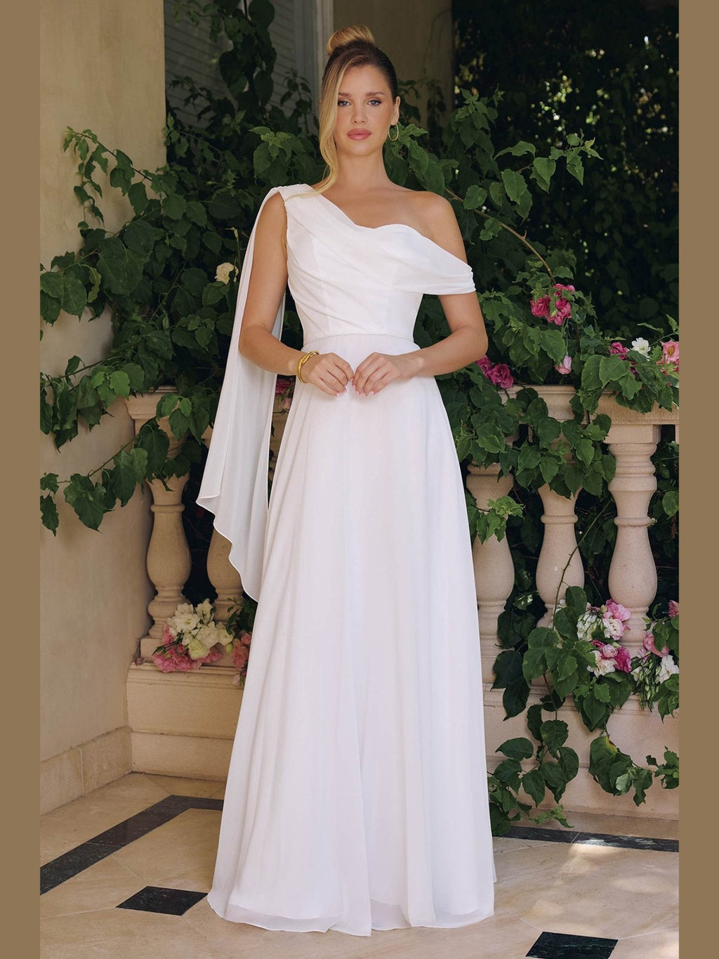 Amoris T716W One Shoulder Chiffon A-Line Off White Evening Dress - Courbe et Compagnie