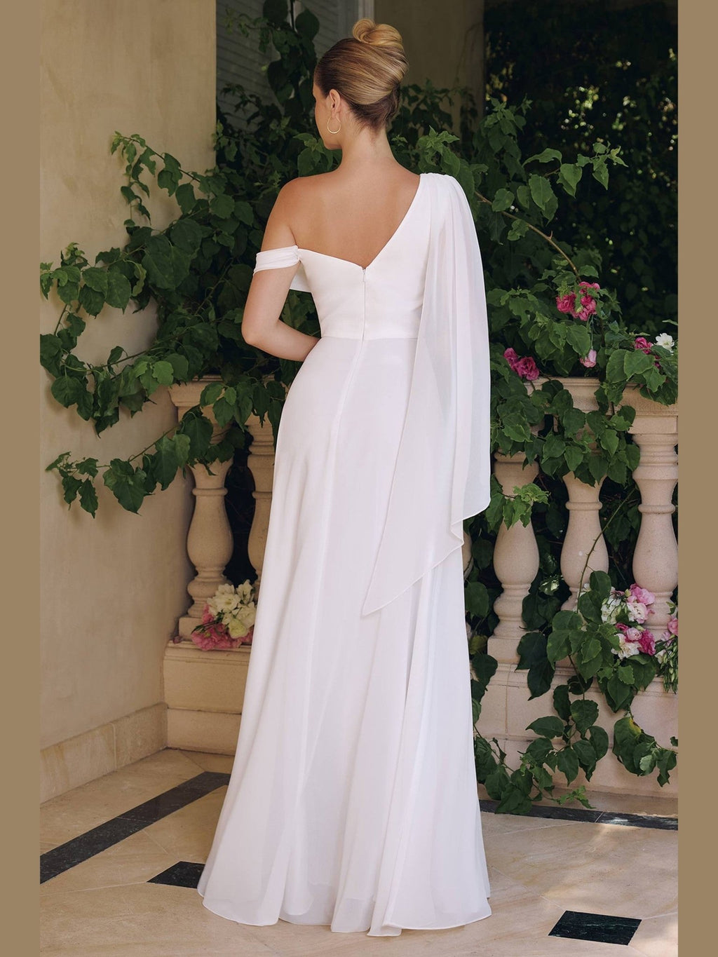 Amoris T716W One Shoulder Chiffon A-Line Off White Evening Dress - Courbe et Compagnie