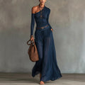 Asymmetrical Shoulder Long Sleeve Dress Set – Belted A-Line Maxi Dress - Courbe et Compagnie