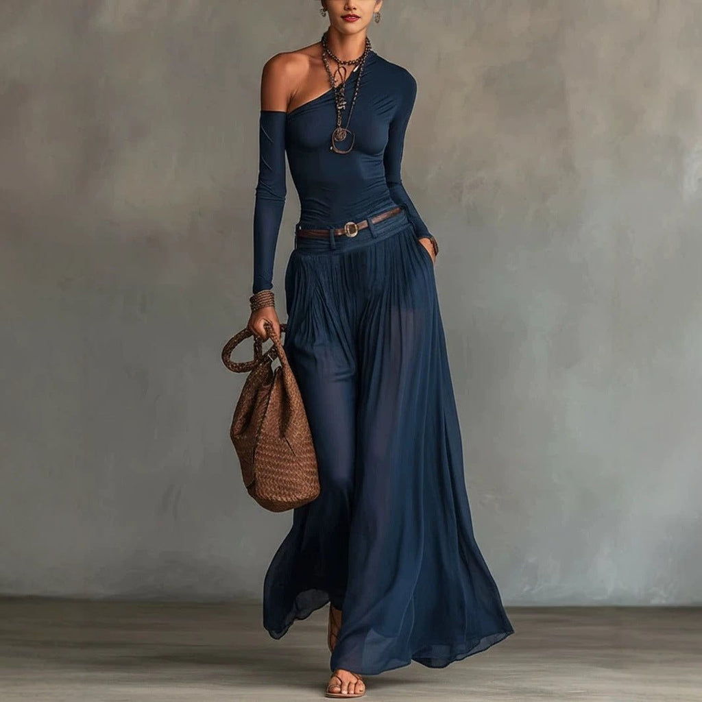 Asymmetrical Shoulder Long Sleeve Dress Set – Belted A-Line Maxi Dress - Courbe et Compagnie